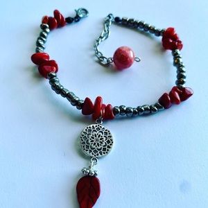 Red coral and crystal anklet
